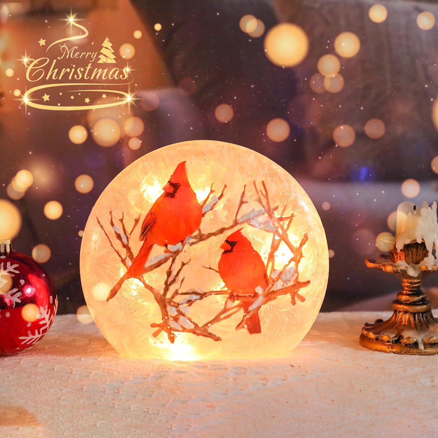 Wonder Solar Christmas Crackle Glass Ball Lights Cardinal Decorations Indoor Crackle Glass LED Lighted Holiday Ball Lamp Night Lights for Christmas Holidays Seasonal Decor Lighting Decorations Indoor - Image 6