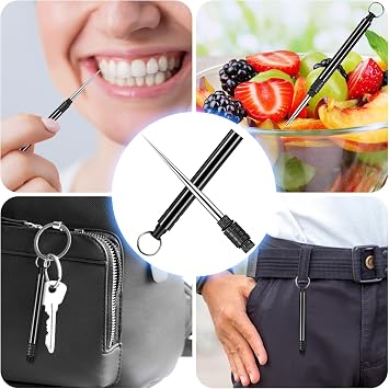 Portable Titanium Toothpicks, 8Pcs Black Reusable Keychain Telescopic Toothpick with Titanium Protective Case Holder, Multifunctional Stainless Steel Toothpick for Travel Picnic Camping