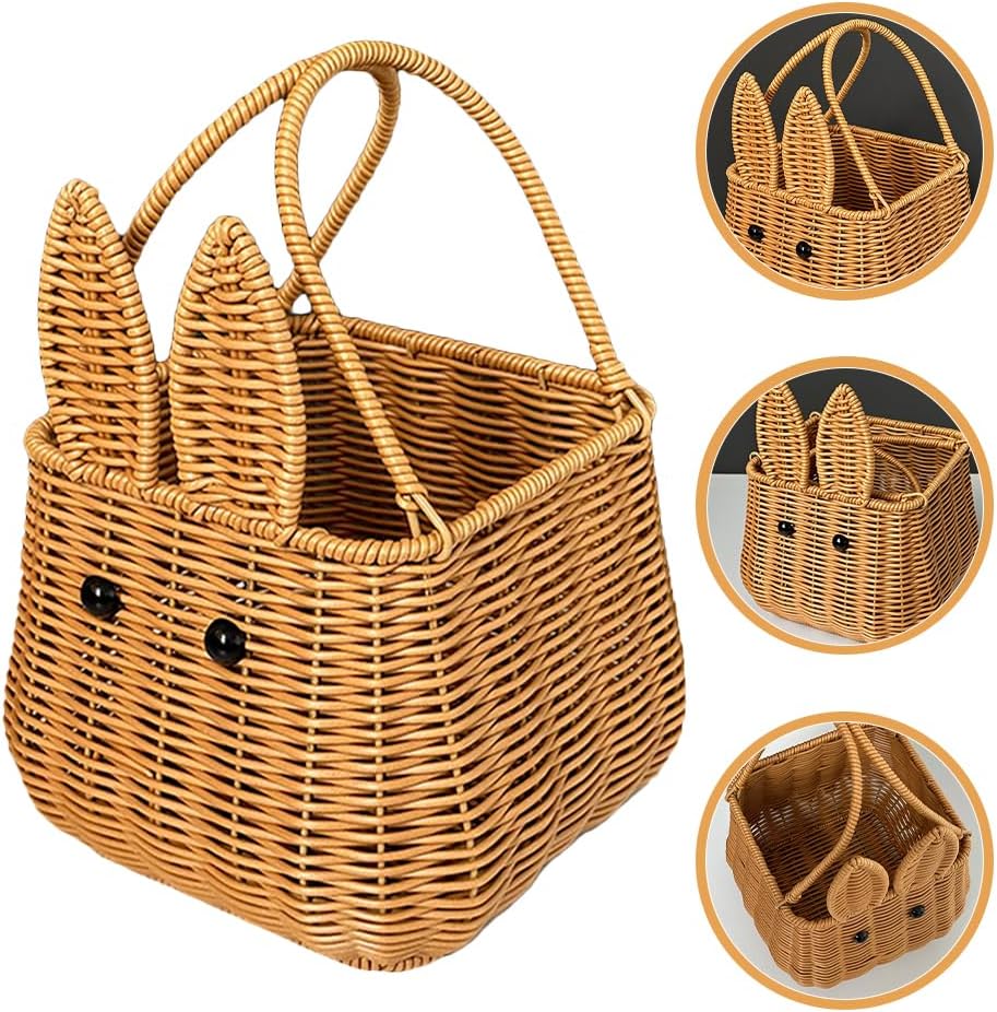 Easter Bunny Ear Woven Basket: Small Easter Egg Basket Rabbit Ears Picnic Wicker Basket with Handles for Candy Storage Egg Hunt Party Favor