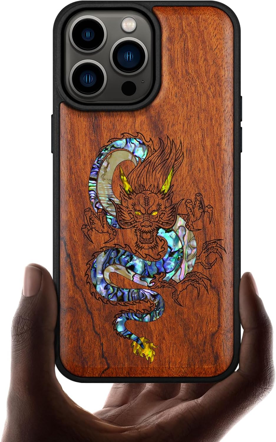 Carveit Designer Wooden Protective Magnetic Case for iPhone 14 Pro Max Case [Wood Engraving & Shell Inlay] Compatible with 14 Pro Max MagSafe (The Oriental Dragon-Rosy)