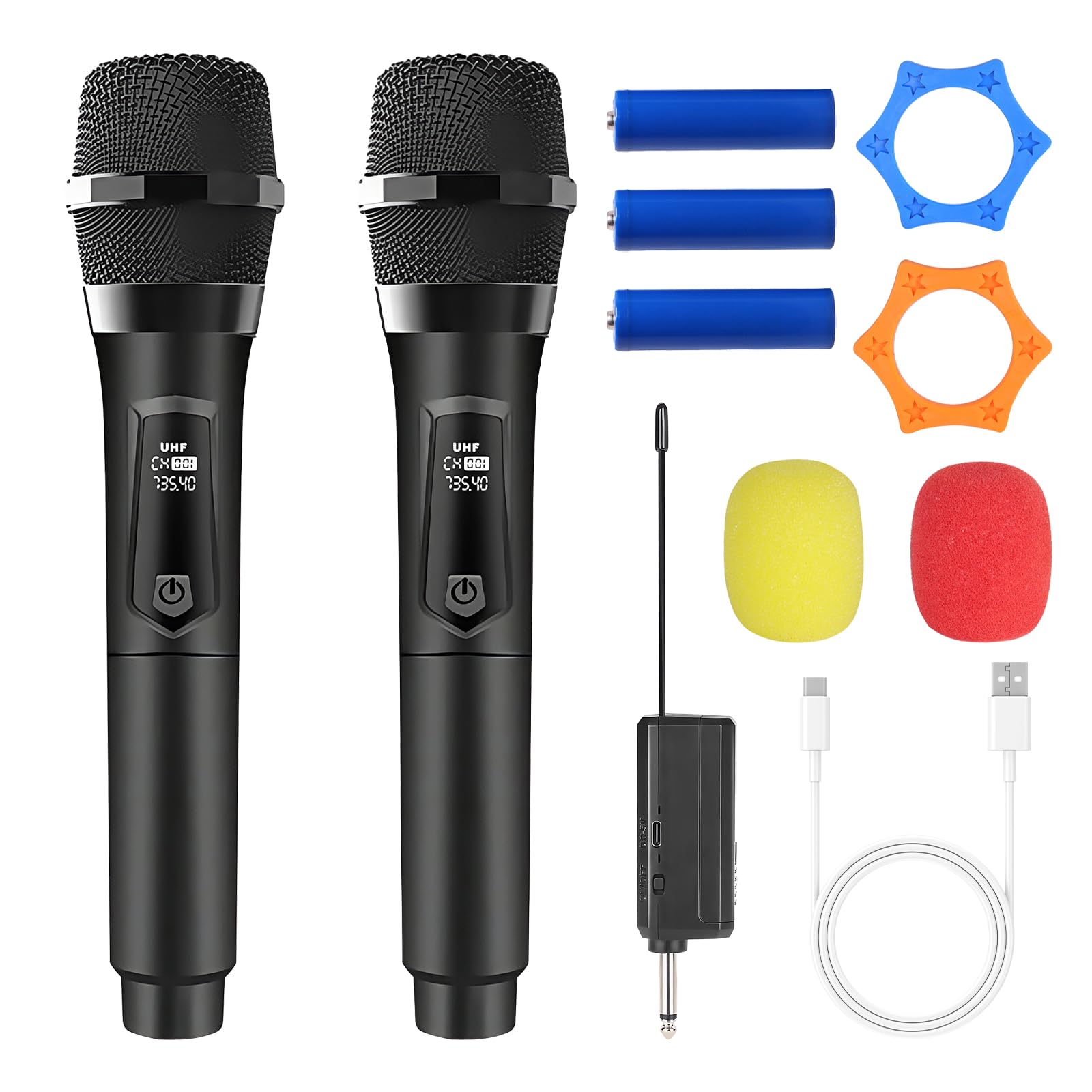 2 microfoni senza fili: microfono wireless UHF ricaricabile, 4 ore di autonomia, portata 60 piedi, doppio microfono dinamico senza fili per karaoke, matrimonio, DJ, festa