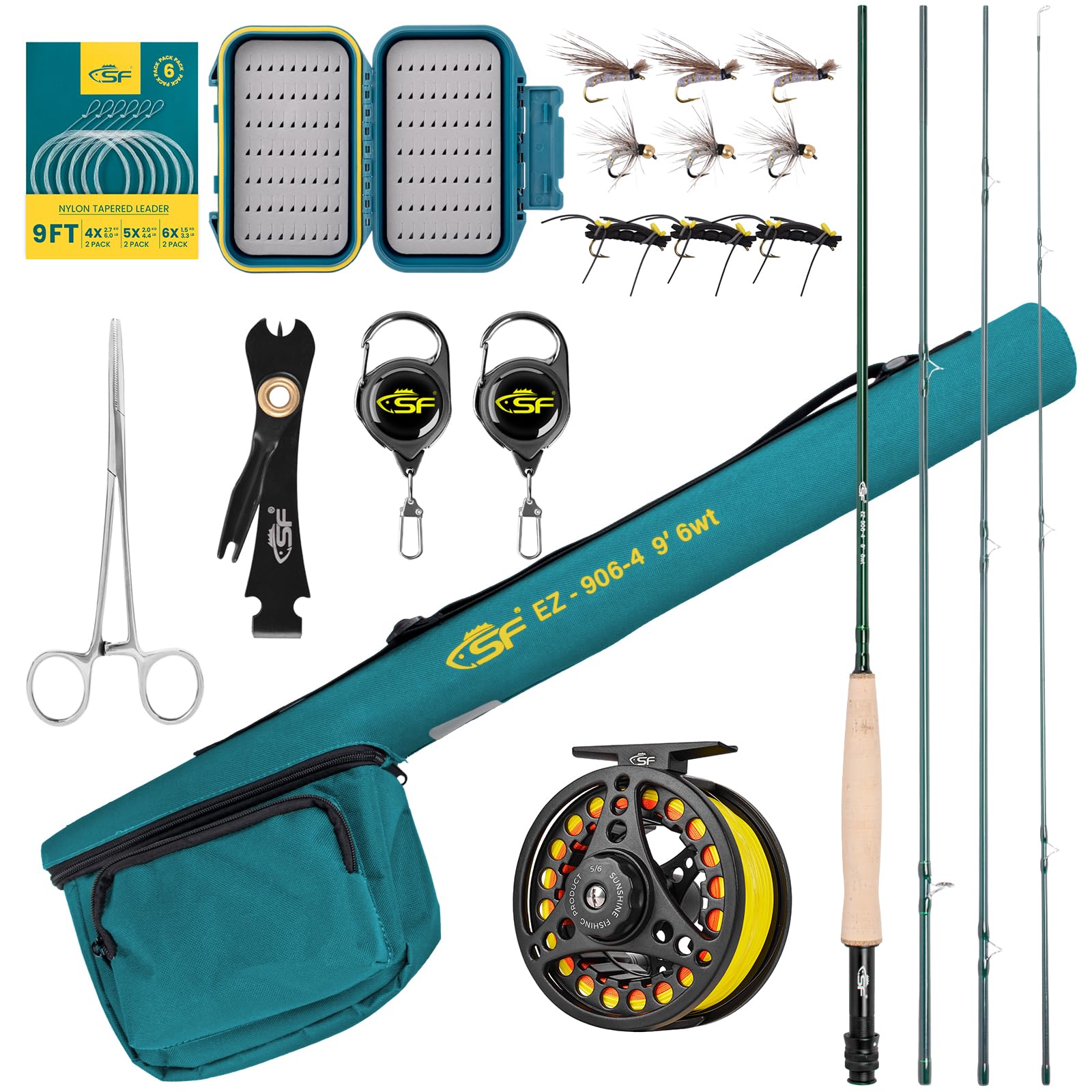 SF 6WT 9FT Fly Fishing Rod Combo Starter Kit 4 Piece Emerald Green 24T Carbon Fiber Trout Fly Rod with Reel, Rod case, Fly Box with Flies,Tapered Leader, Knot Tying Tools