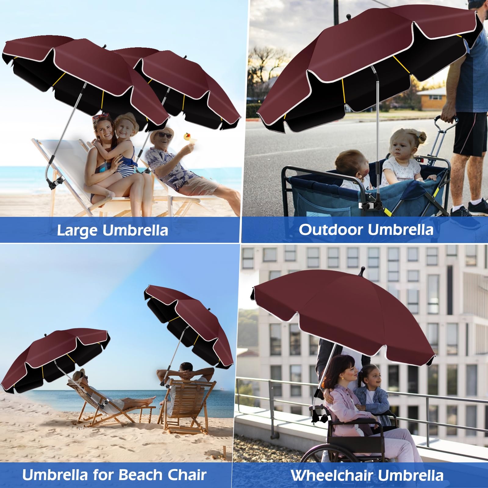 Lot de 2 parasols de 124 cm pour chaise de plage avec pince, protection UV UPF50+, protection solaire rotative à 360°, parasol portable pour chaise de plage, camping, golf