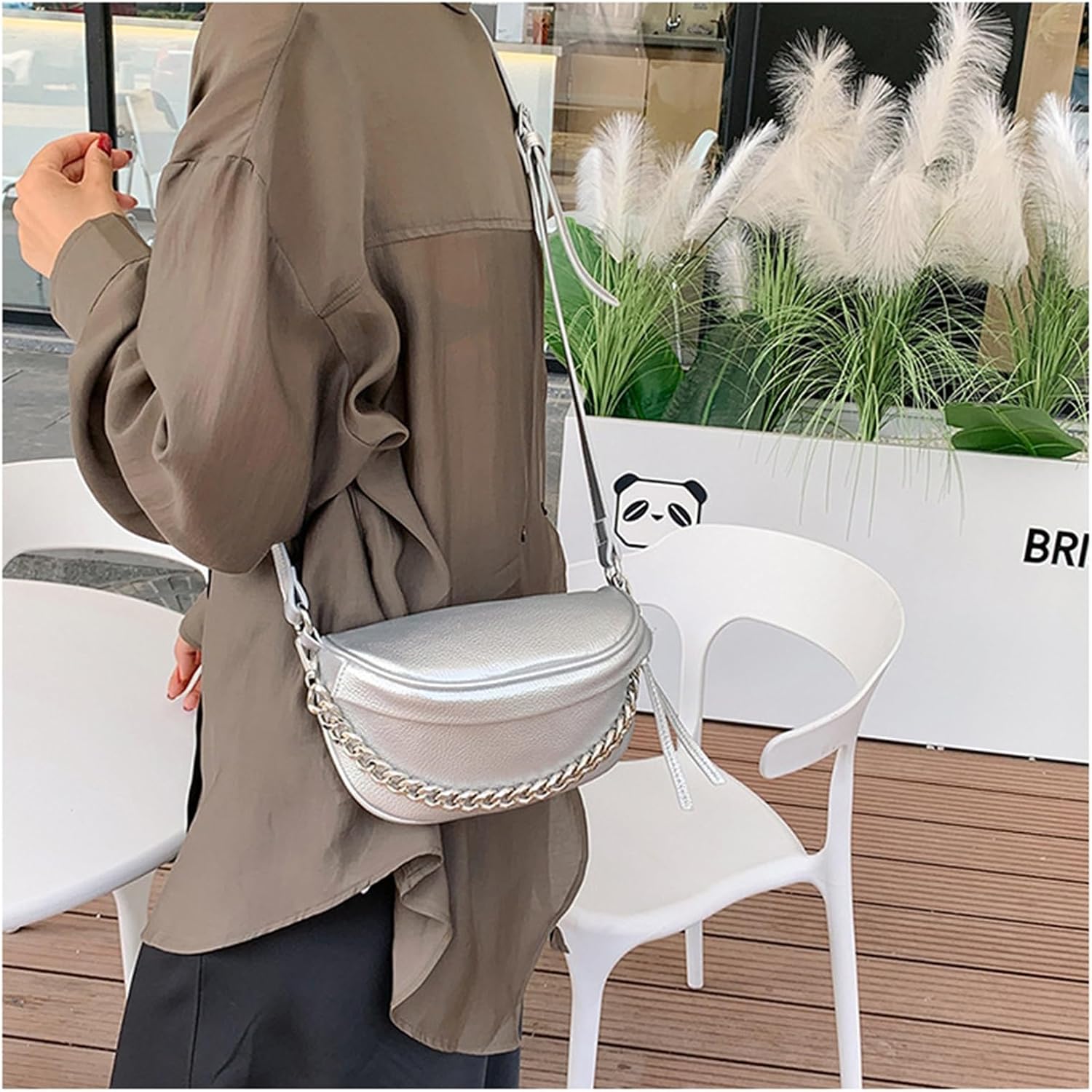 レザーファニーパック レディース メンズ ファッション スリング クロスボディ バッグ トラベル トリップバッグ, シルバーチェーン