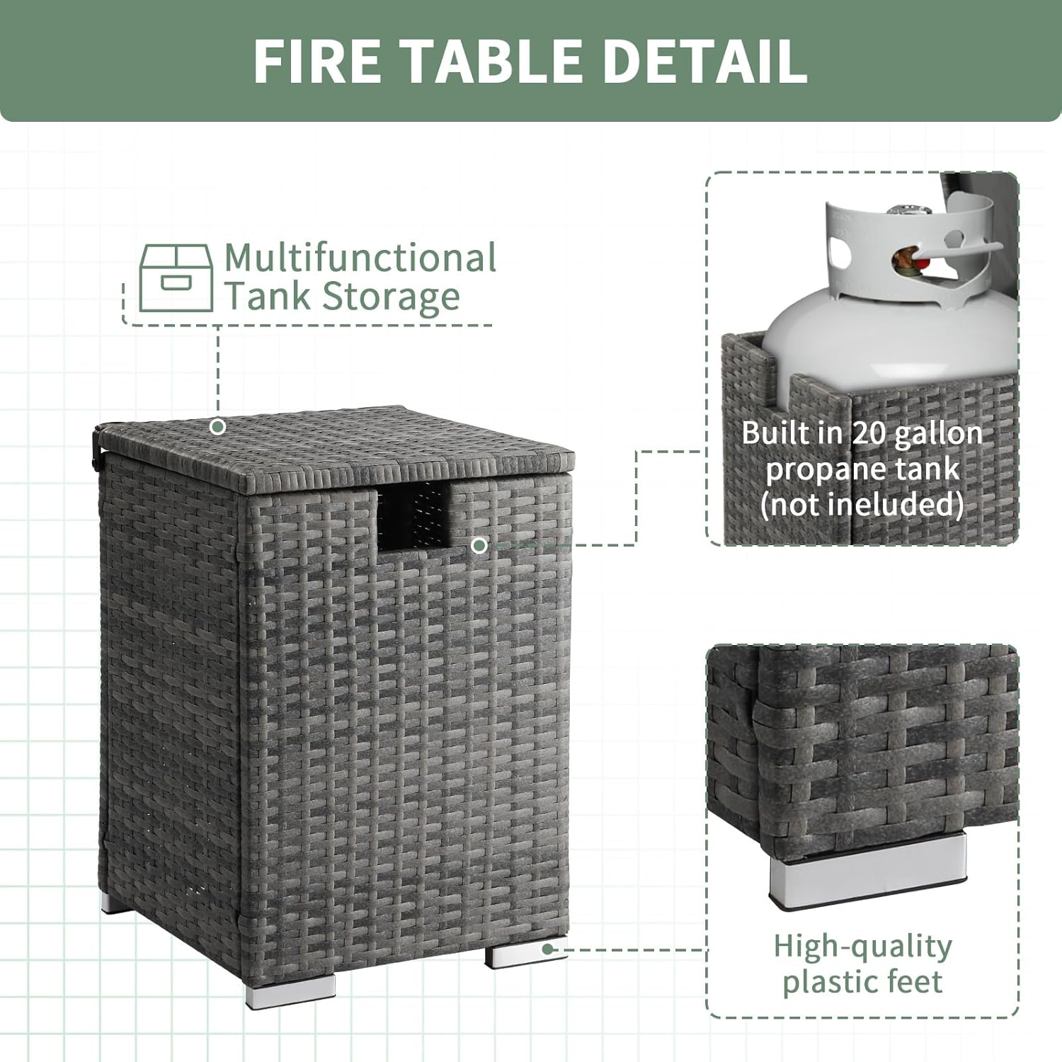 Outdoor Patio Wicker Fire Pit Gas Tank Cover Table, 2-in-1 Rattan Hideaway Propane Gas Tank End Table for 20 lbs Propane Tanks (Gray)