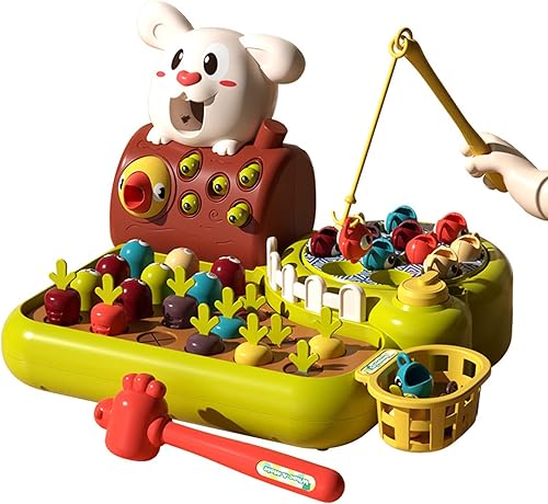 Happy Farm Montessori Toys 4 en 1, Whack A TopeFishingRadish Pull ingFeeding, para bebés niños y niñas de 1, 2, 3, 4 años, con iluminación