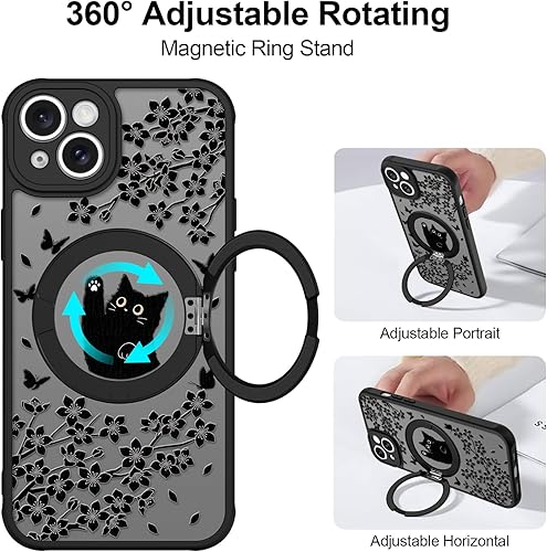 Miniatura 3 de Bonita funda para iPhone 13 con soporte, compatible con MagSafe, diseño de gato negro Kawaii, diseño de patrón floral y mariposas, anillo magnético