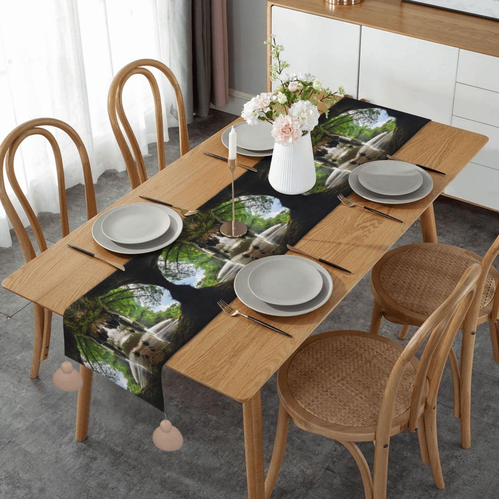 Chemin de table macramé déco de repas de fêtes et mariage au style montagne cascade chic