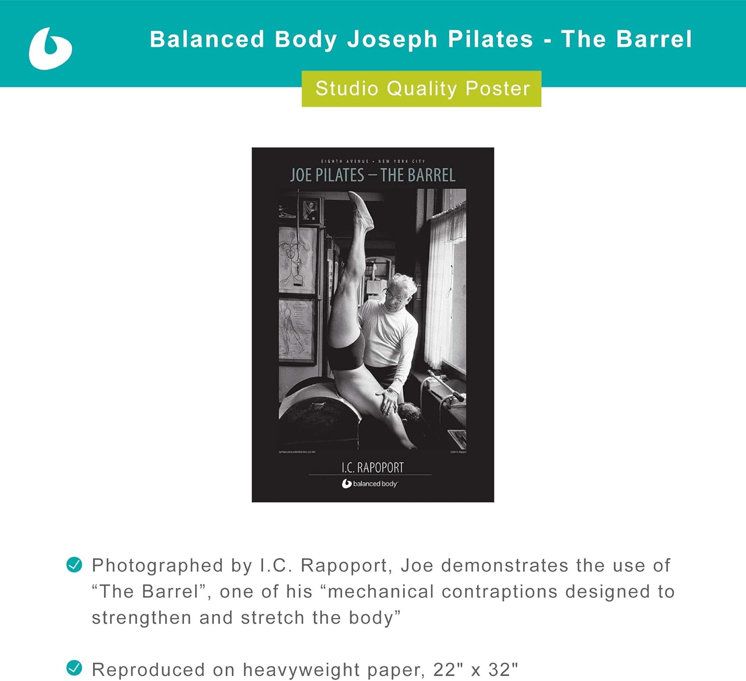 Balanced Body Joe Pilates Barrel Poster, Black-and-White Inspirational and Motivational Photo on Heavyweight Paper, 22 Inches x 32 Inches