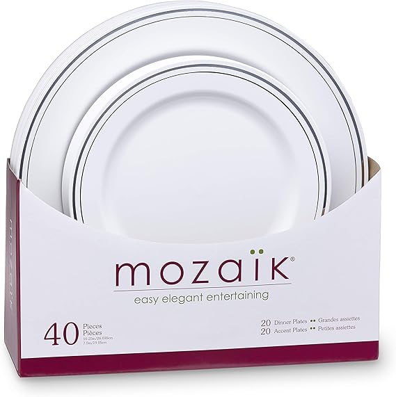 Mozaik Premium Plastic Silver Banded Plate Set, 40 pieces