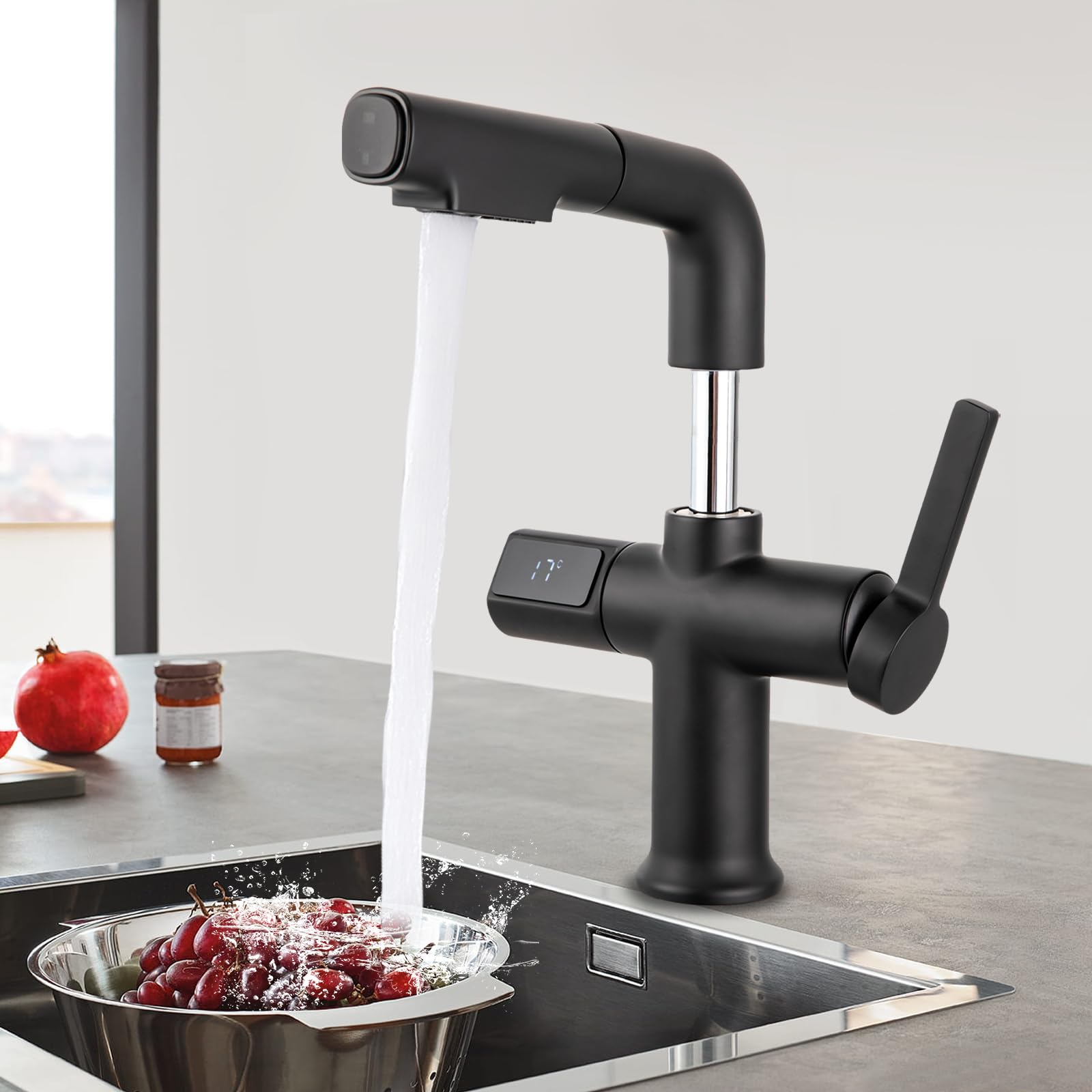 Grifo extensible para fregadero de cocina con indicador digital de temperatura, giratorio de 360 grados, extensible y con alcachofa extraíble (negro)