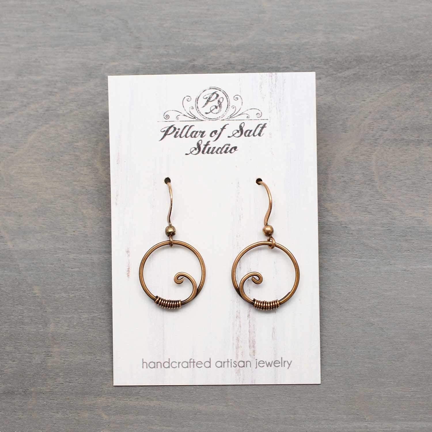 Pillar of Salt Studio Handcrafted Solid Copper Earrings Wire Wrapped Hoops (Antiqued Copper, Small, 5/8" drop)