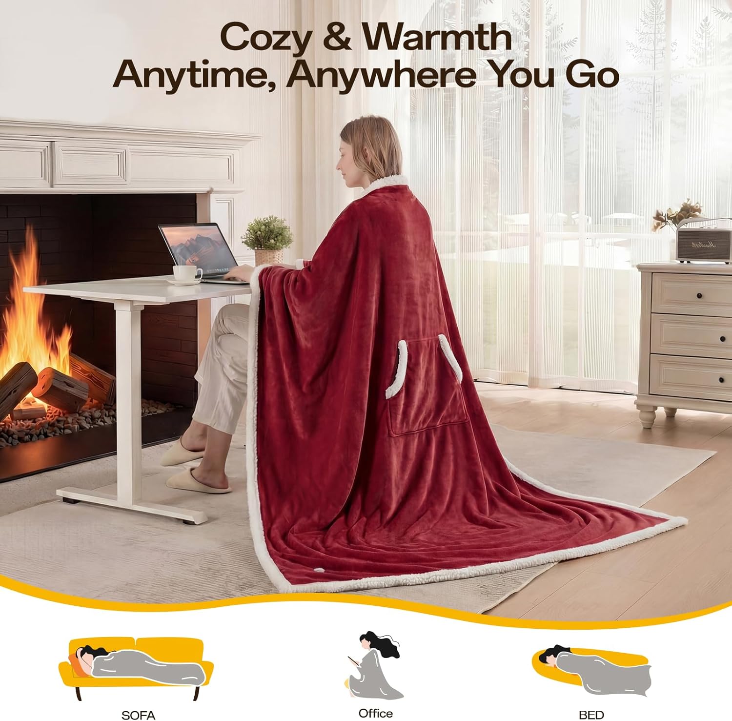 Wearable Electric Blanket Heated Throw, 52" x 72" Fast Heating Wrap Poncho Shawl with Foot Pocket & Sleeves, 7 Heat Levels & 4 Hours Auto Shut-Off, Machine Washable, ETL & FCC Certified, Red - Image 7