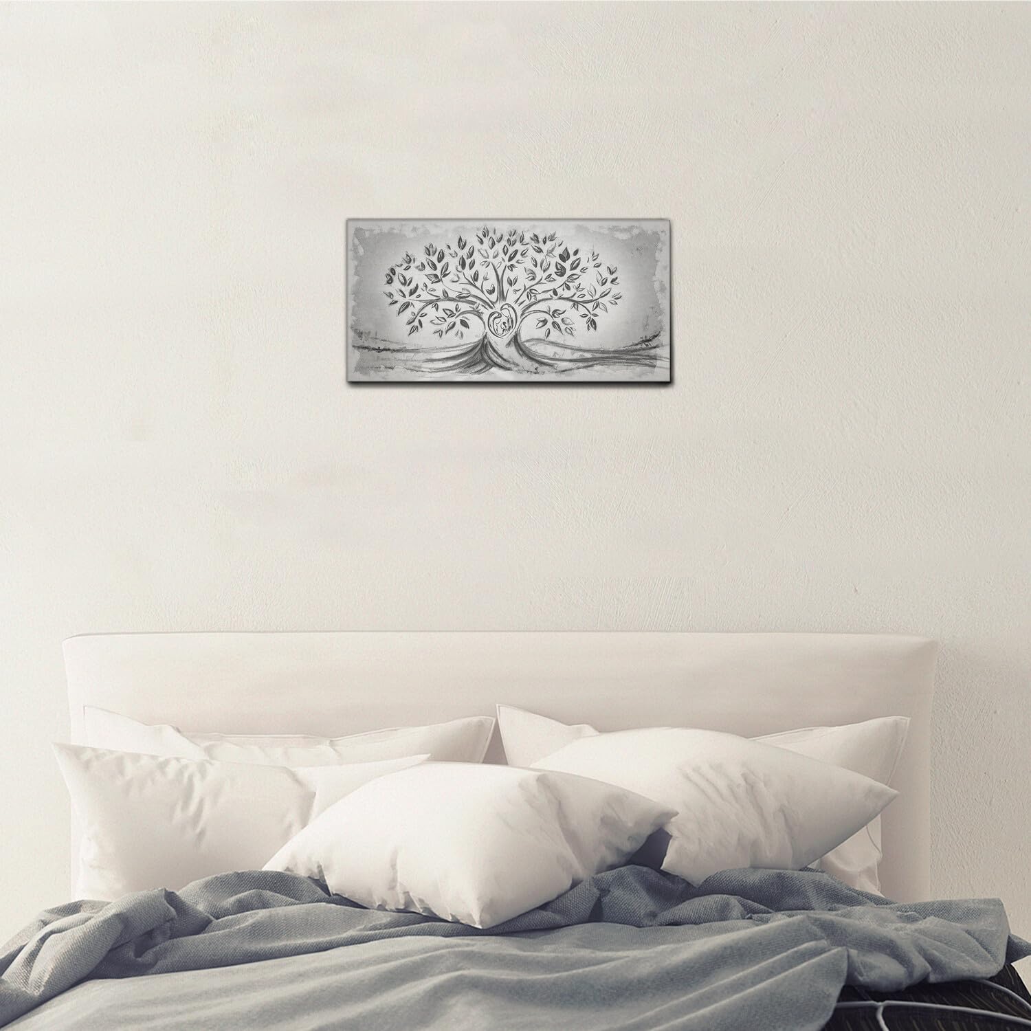 Giallobus - Quadro - 03 - Capezzale Moderno - Sacra Famiglia e Albero della Vita - Black&Gray - Tela Canvas Telaio Standard - 70x35 - Pronto da Appendere - Quadri Moderni per la casa