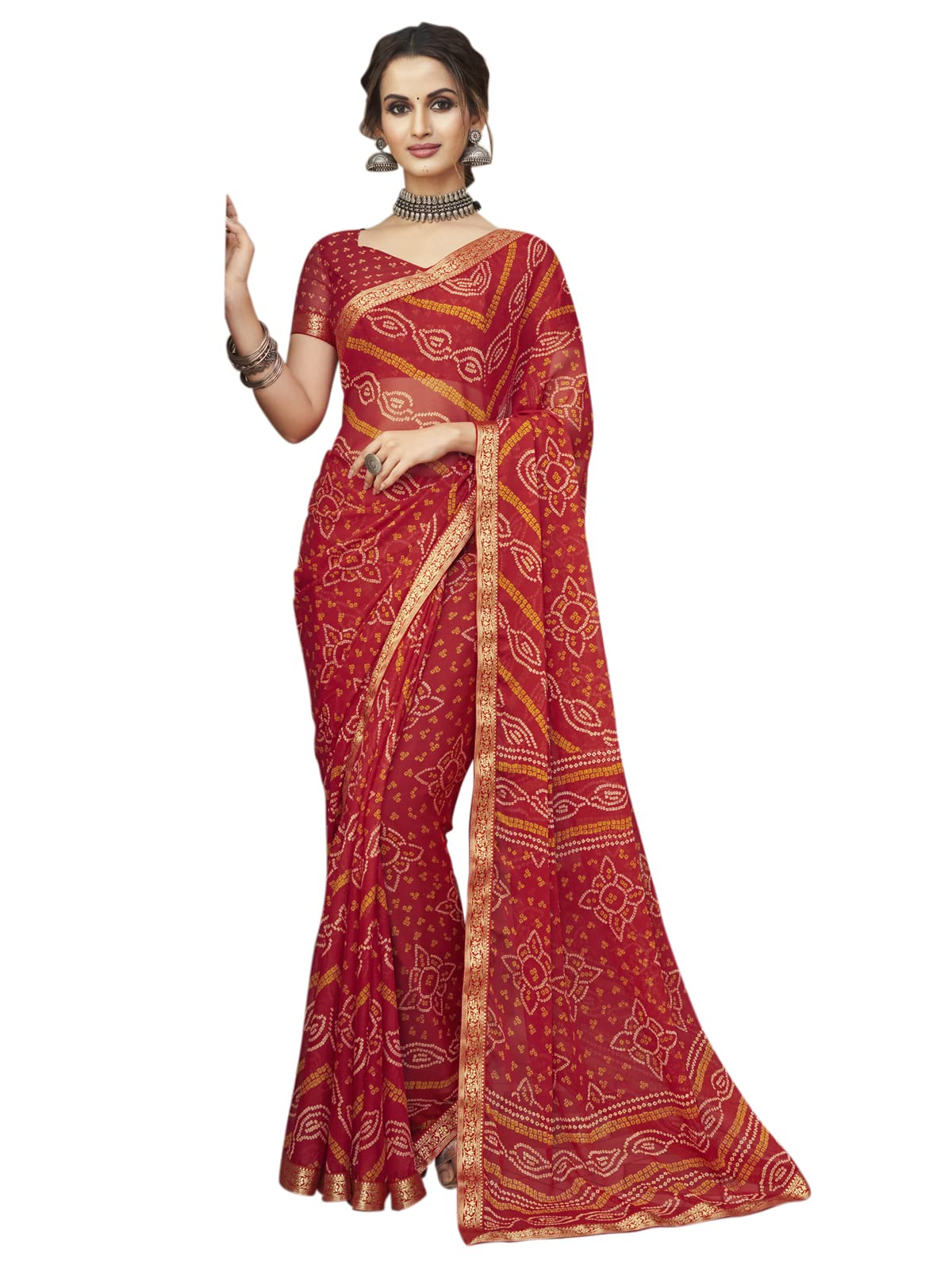 SIRIL Bandhani Women's Printed Chiffon and Lace Sari with Blouse