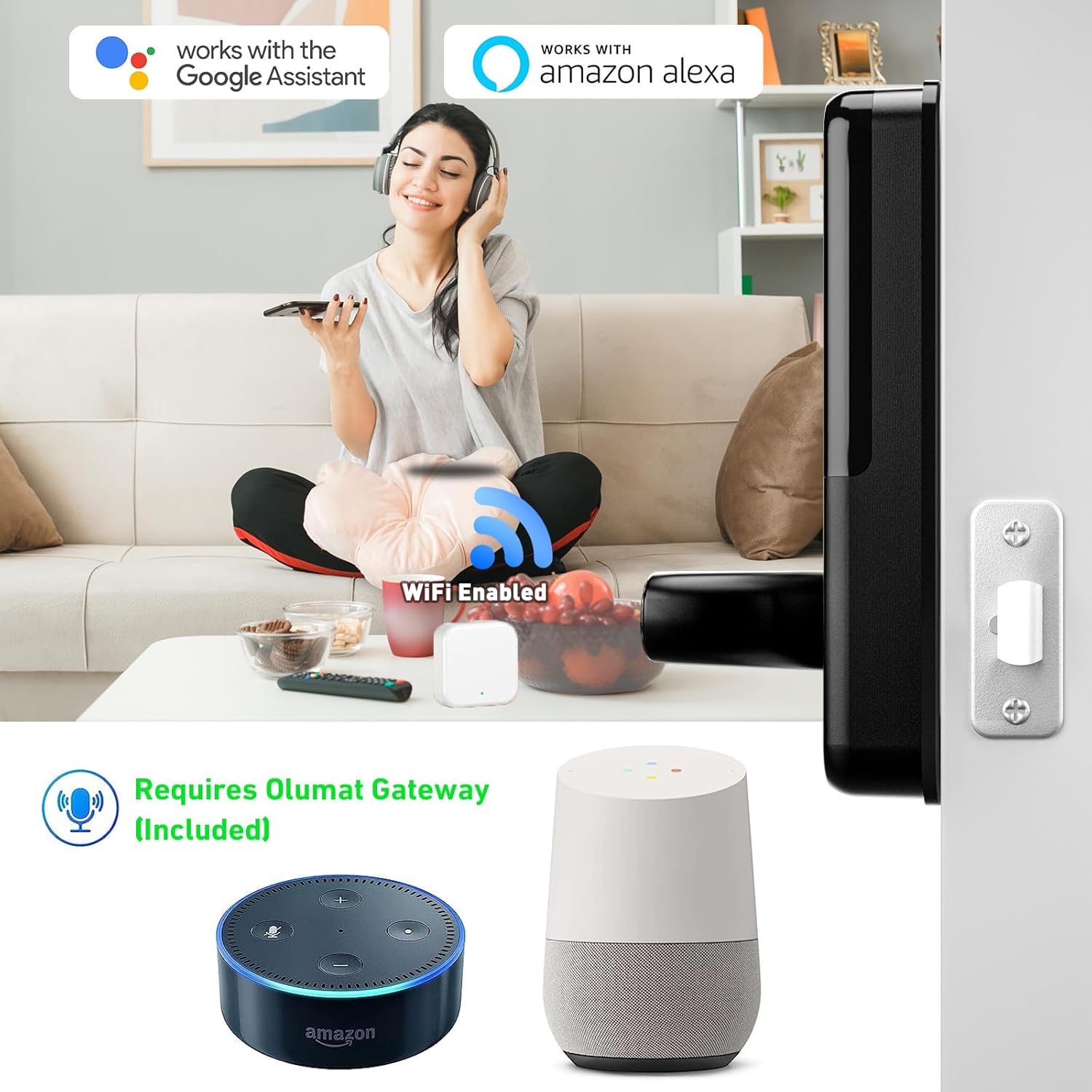 A woman using a smartphone with a smart lock app, with Amazon Alexa and Google Assistant devices nearby, indicating voice control compatibility.