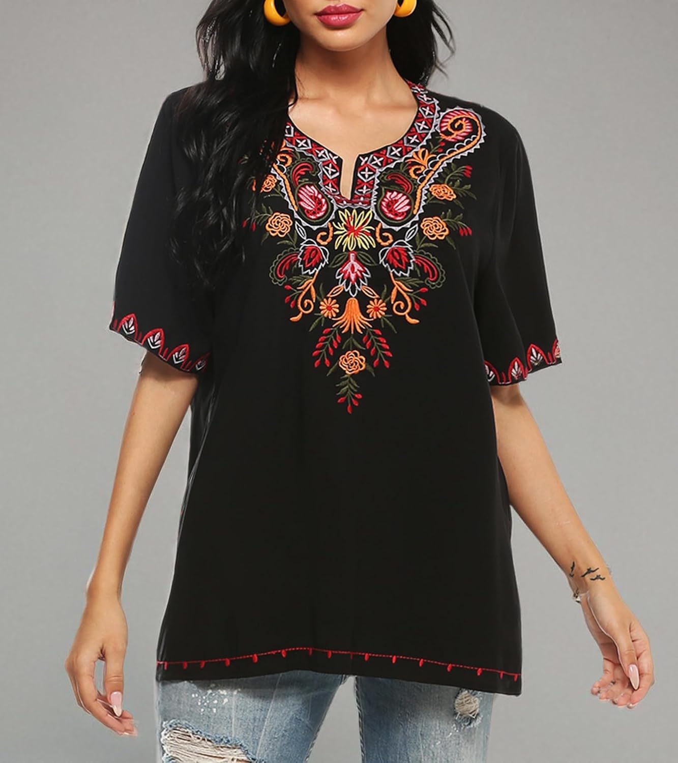 Higustar Mexican Embroidered Tops for Women Bohemian Peasant Shirts Boho Tunic Traditional Clothes Floral Fiesta Blouse - Image 6