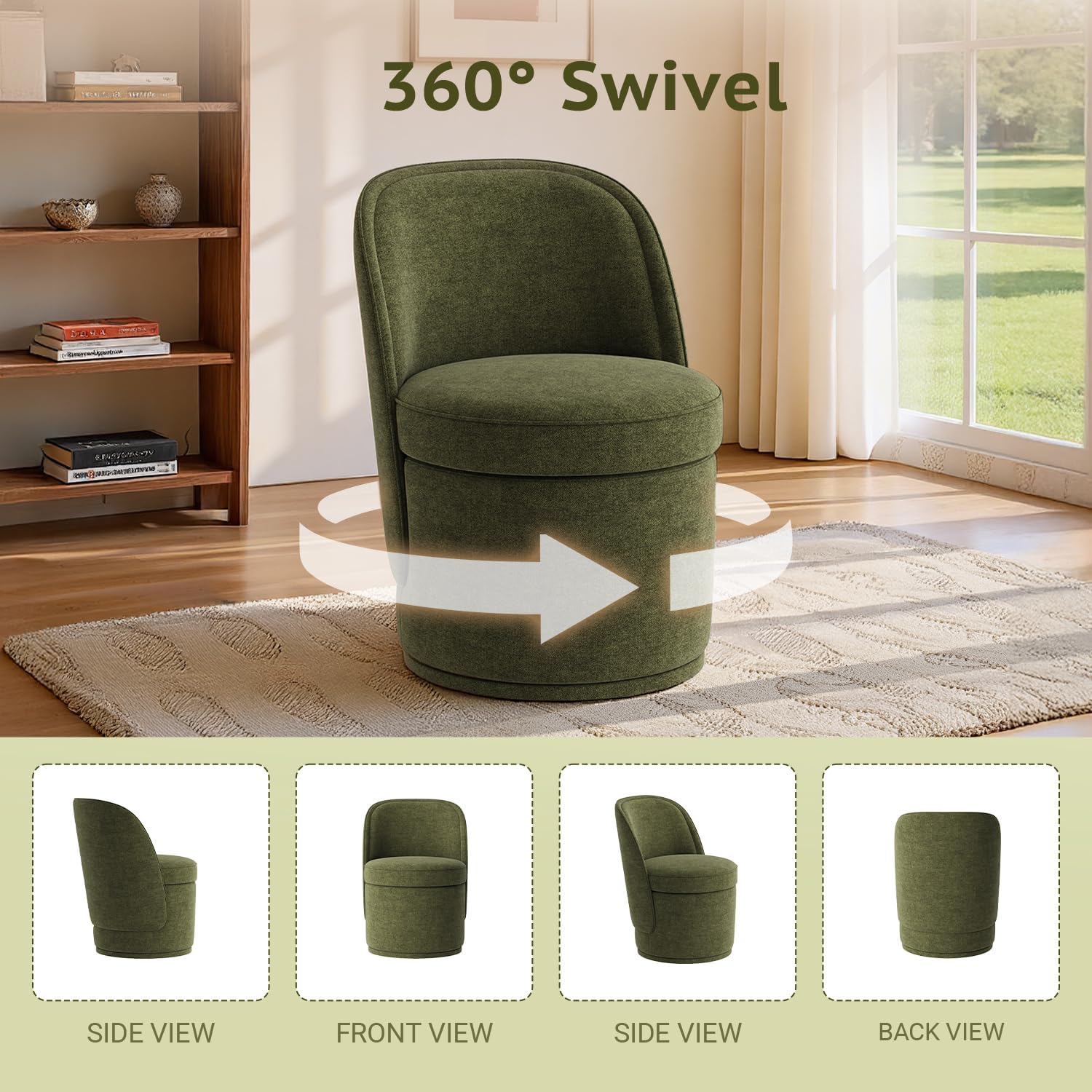 MALOL Swivel Accent Chair Set of 2, 360° Swivel Round Chair with Hidden Storage, Vanity Chairs, Modern Small Barrel Armchair for Living Room/Bedroom, Green