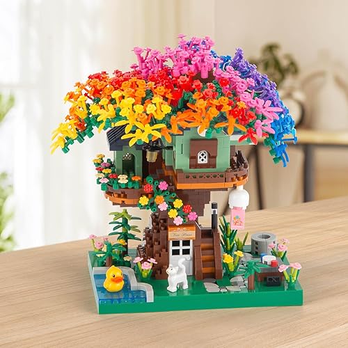 Miniatura 7 de Juego de construcción de árbol bonsái en flor de cerezo, juego de casa de árbol arcoíris para adultos, 1528 piezas de ladrillos Mirco coleccionables