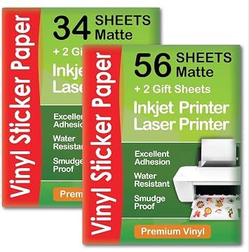Premium Printable Vinyl Sticker Paper Matte for Inkjet Printer 34 sheets + Premium Printable Vinyl Sticker Paper Matte for Inkjet Printer 56 sheets for DIY projects| by AGODEO