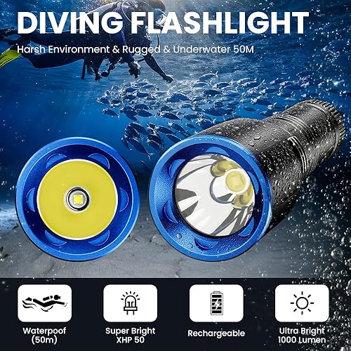 Miniatura 2 de Luz de buceo de 1000 lúmenes, impermeable IPX8 100M, linterna LED recargable con ángulo de haz de 11, buceo submarino y linterna de snorkel para