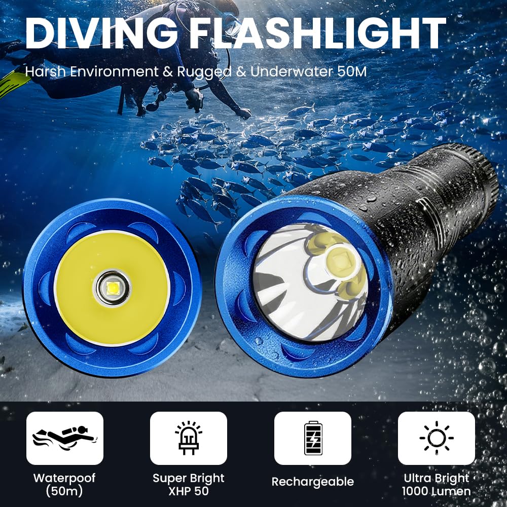 Torcia subacquea, 2000 lumen, torcia subacquea a LED, ricaricabile, impermeabile, luce sottomarina per immersioni notturne in grotte profonde