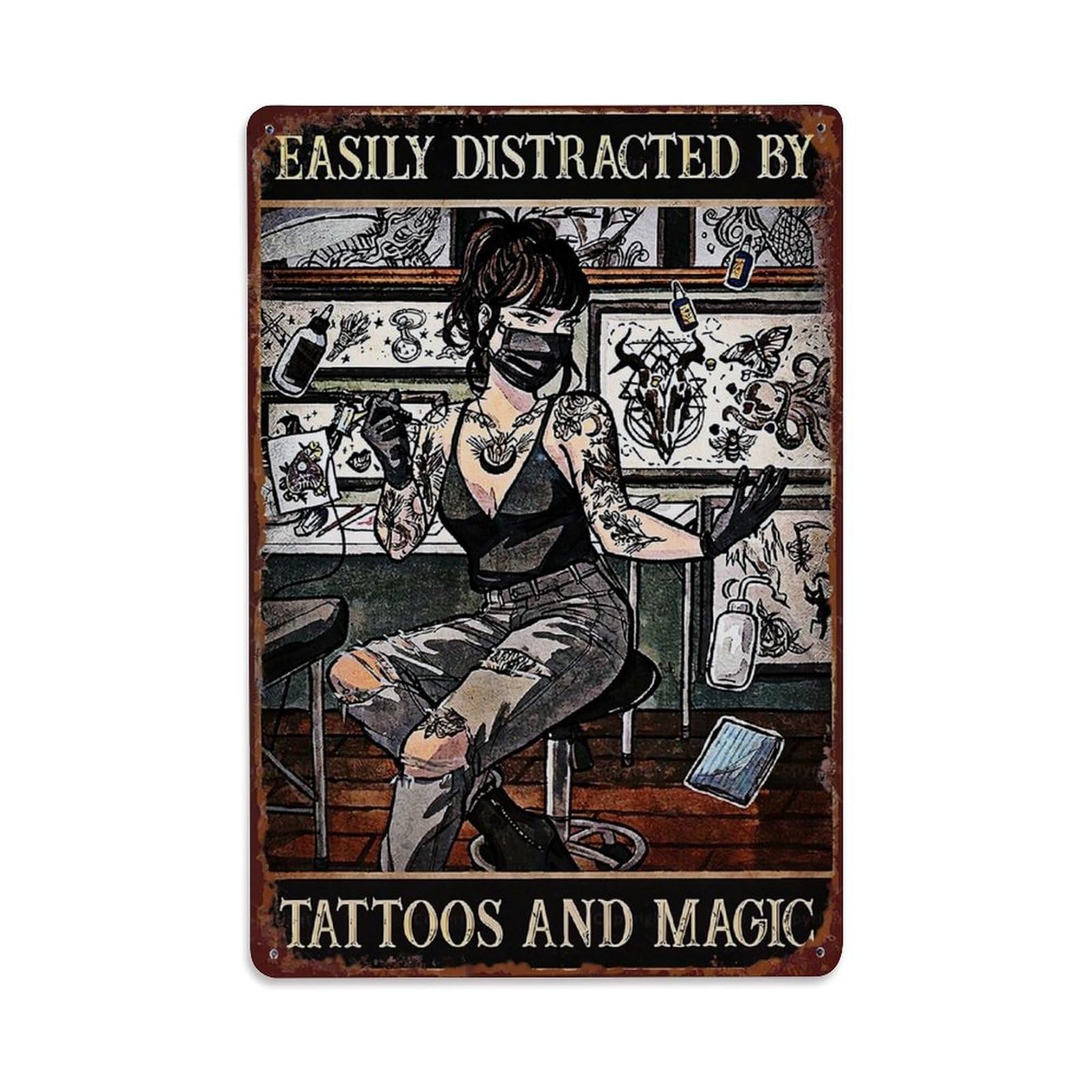 Jdfenggu Vintage Tattoo Artist With Magic Symbols Retro Metal Tin Sign, Decor Art Poster For Bar, Home, Man Cave, Kitchen, Laundry Room Gift 8X12inch