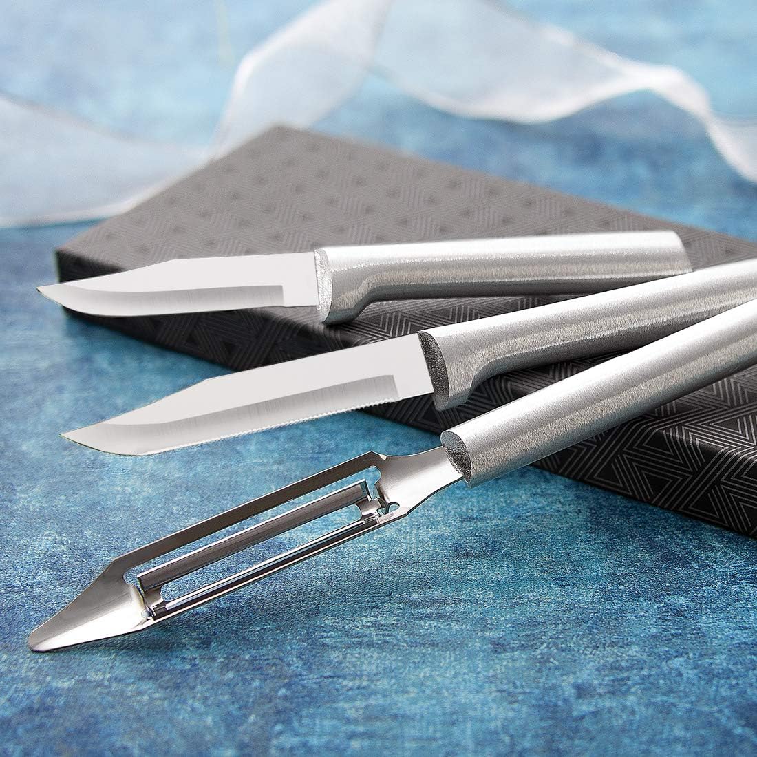 Rada Cutlery Kitchen Basics Gift Set (S56), 3-Piece Knife Set with Quick Edge Sharpener (R119), Silver Handle