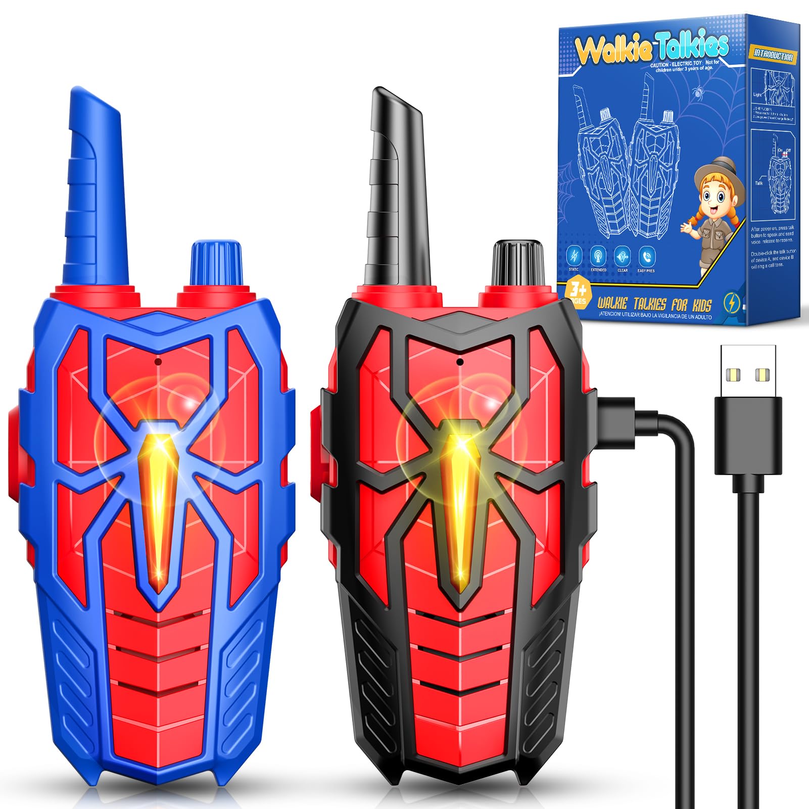 Walkie-Talkie Bambini Ricaricabili, Giochi Bambini 3 4 5 6 7 8 9 10 Anni Maschio Spider Walkie Talkie Regalo Bambino 3 4 5 6 7 8 9 10 Anni Giochi da Esterno Giocattoli Bambino Regali di Bambini