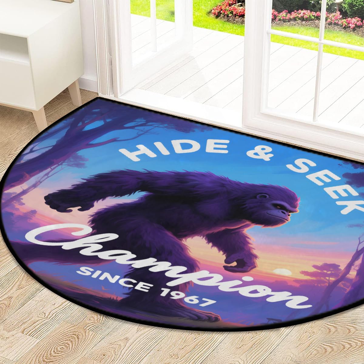 Sasquatch Hide Seek Champion große halbrunde Fußmatte – rutschfest, saugfähig, halbrund, Eingangsbereich, niedlich, weich, halbrund, waschbar, Teppich für Küche, Badezimmer, Schlafzimmer, 160