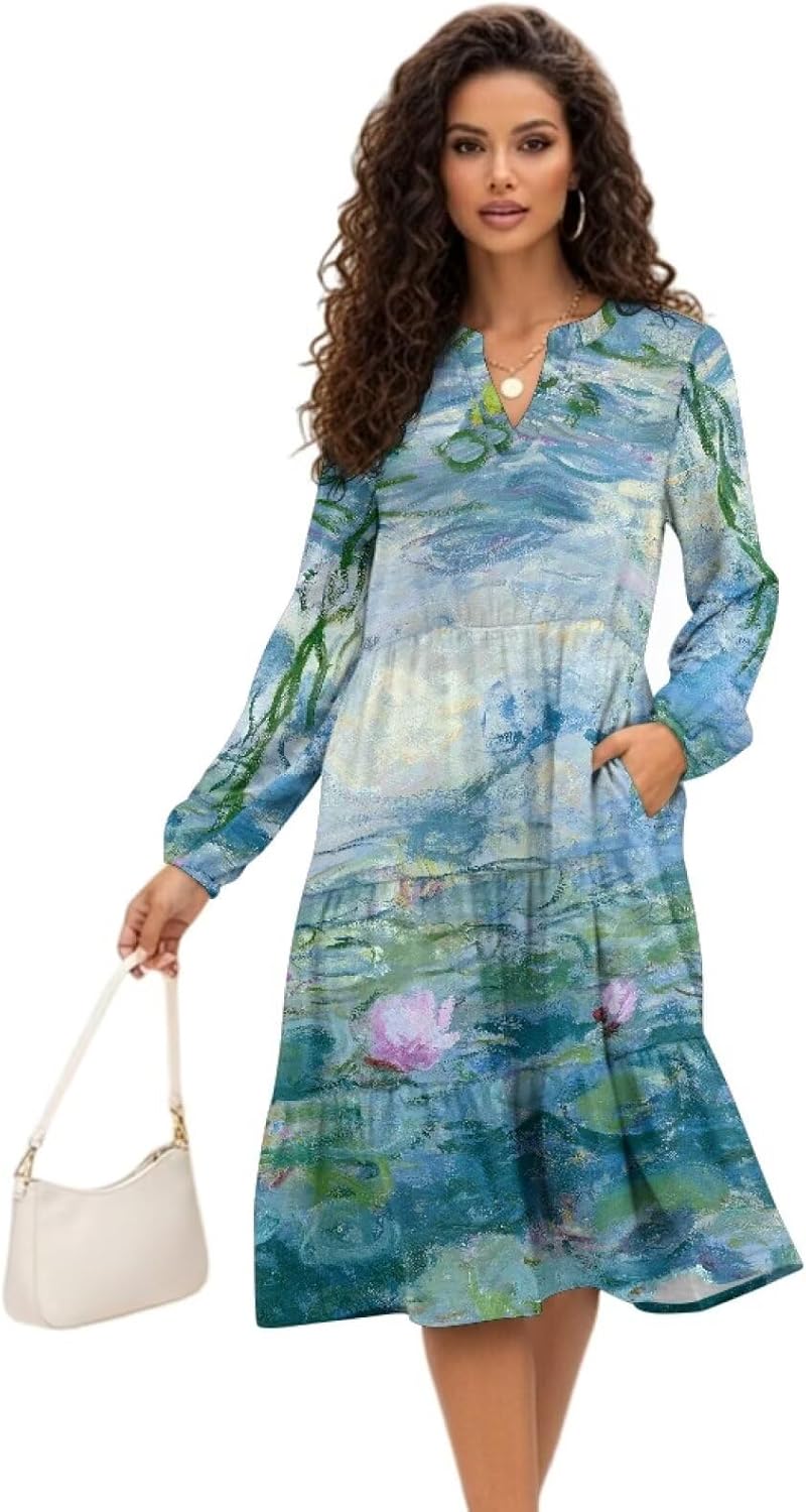 Womens Ruffle Patchwork Dress V Neck Long Sleeve High Waisted 2026 Spring Fall Midi Swing A-Line Dresses with Pockets