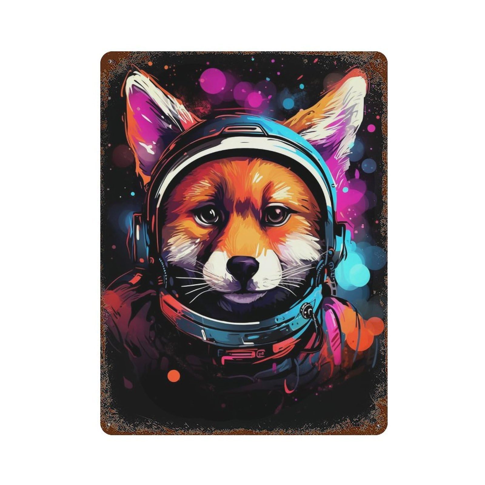 Rust Effect Cosmic Fox in Spacesuit Decorative Tin Sign 15.7"x11.8", Classic Wall Plaque for Pub, Kitchen And Man Cave Decor