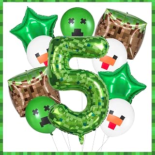 40 Inch Giant Green Pixel Miner Themed Number Foil Balloons, Mining Green Birthday Party Decorations Bundle 0-9 Optional Kids Anniversary Balloon Party Supplies (Number 5)