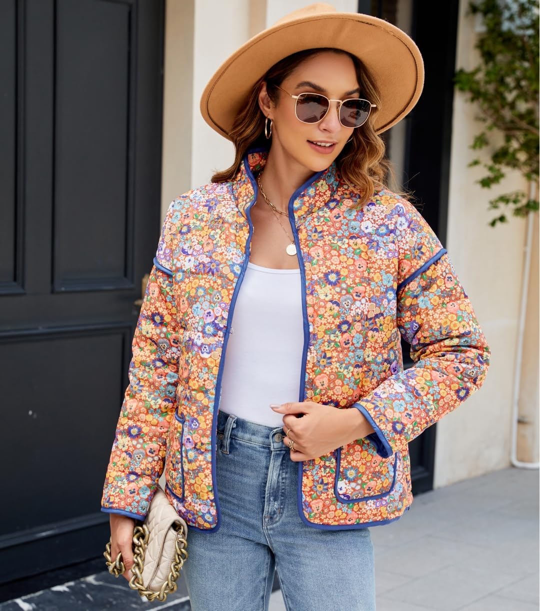 Women's Cropped Floral Quilted Jacket Lightweight Open Front Padded Puffer Coat