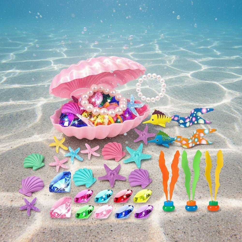 30 Pcs Diving Pool Toys with Pirate Treasure Chest, Large Colorful Sinking Gems for Underwater Swimming Games, Summer Water Fun, Acrylic Diamond and Animal Jewels Set