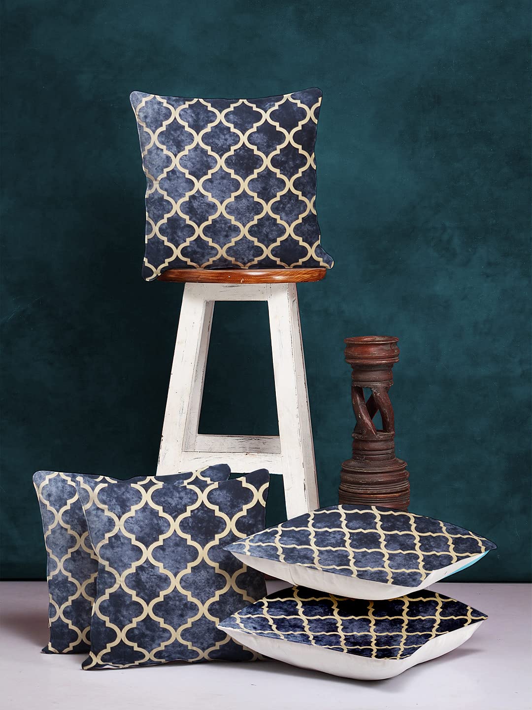 Cloth Fusion Velvet Sofa Cushion Cover Set of 5, Decorative HD Gold Foil Cushion Cover Set 16-inch x 16-inch for Living Room (Blue)