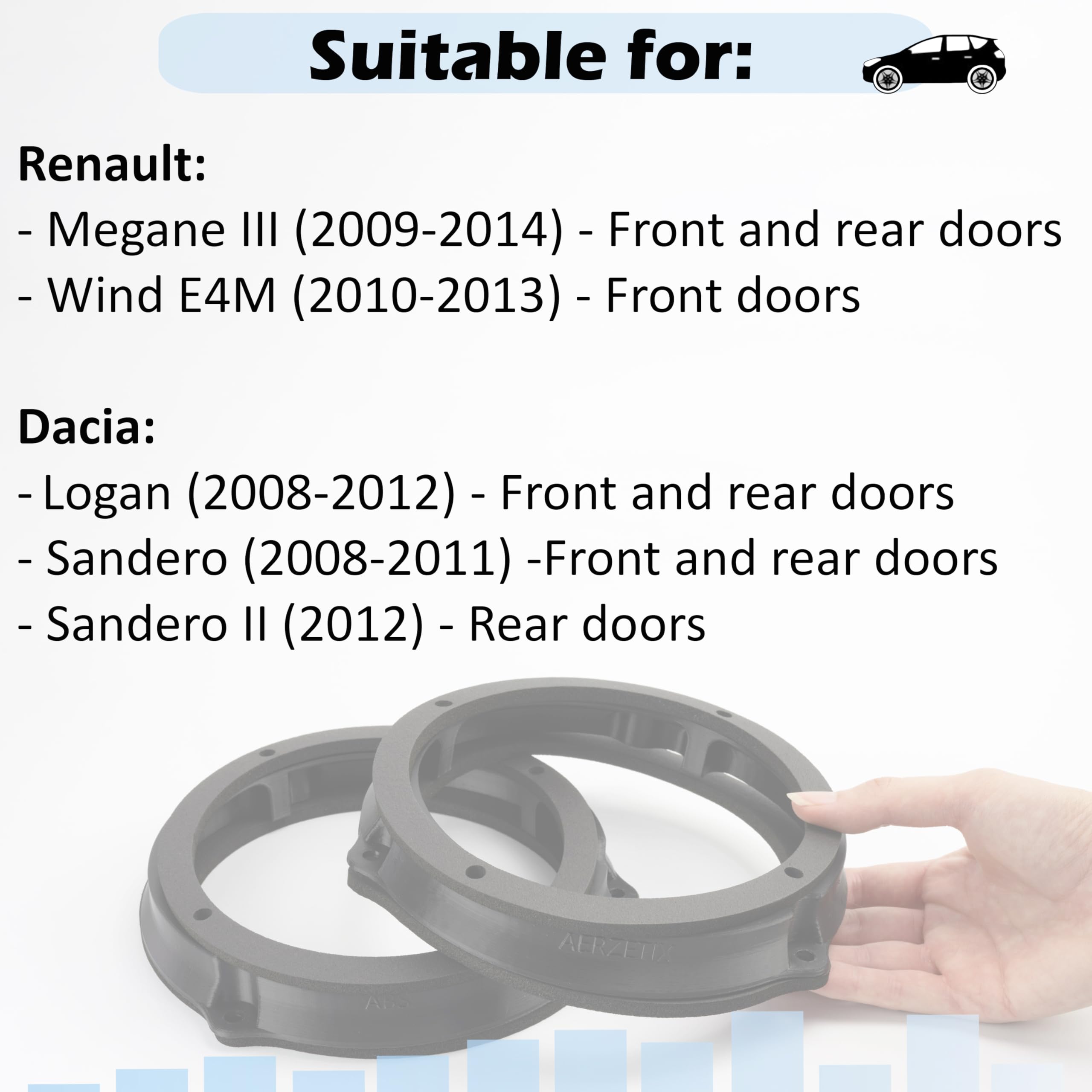 Aerzetix - Kit di 2 adattatori/supporti altoparlanti Ø130 mm | compatibili con Renault Wind E4M (porte anteriori), Mégane III, Dacia Logan Sandero (anteriore e posteriore), Sandero II (posteriore)