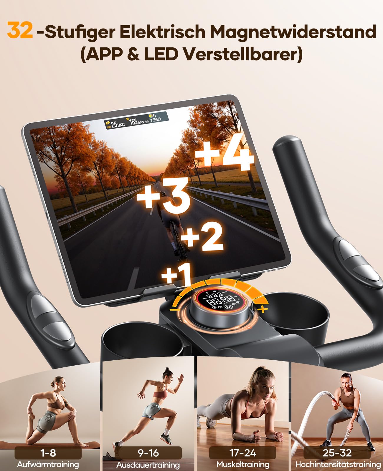 Toputure Neu Heimtrainer Fahrrad mit Elektr. LED-Touchmonitor & App, Herzfrequenzmessung, 32 Elektr. Magnetwiderstand Hometrainer, Leiser Ergometer, Dopp. Flaschenhalter, Langhantelständer, Bis 150kg