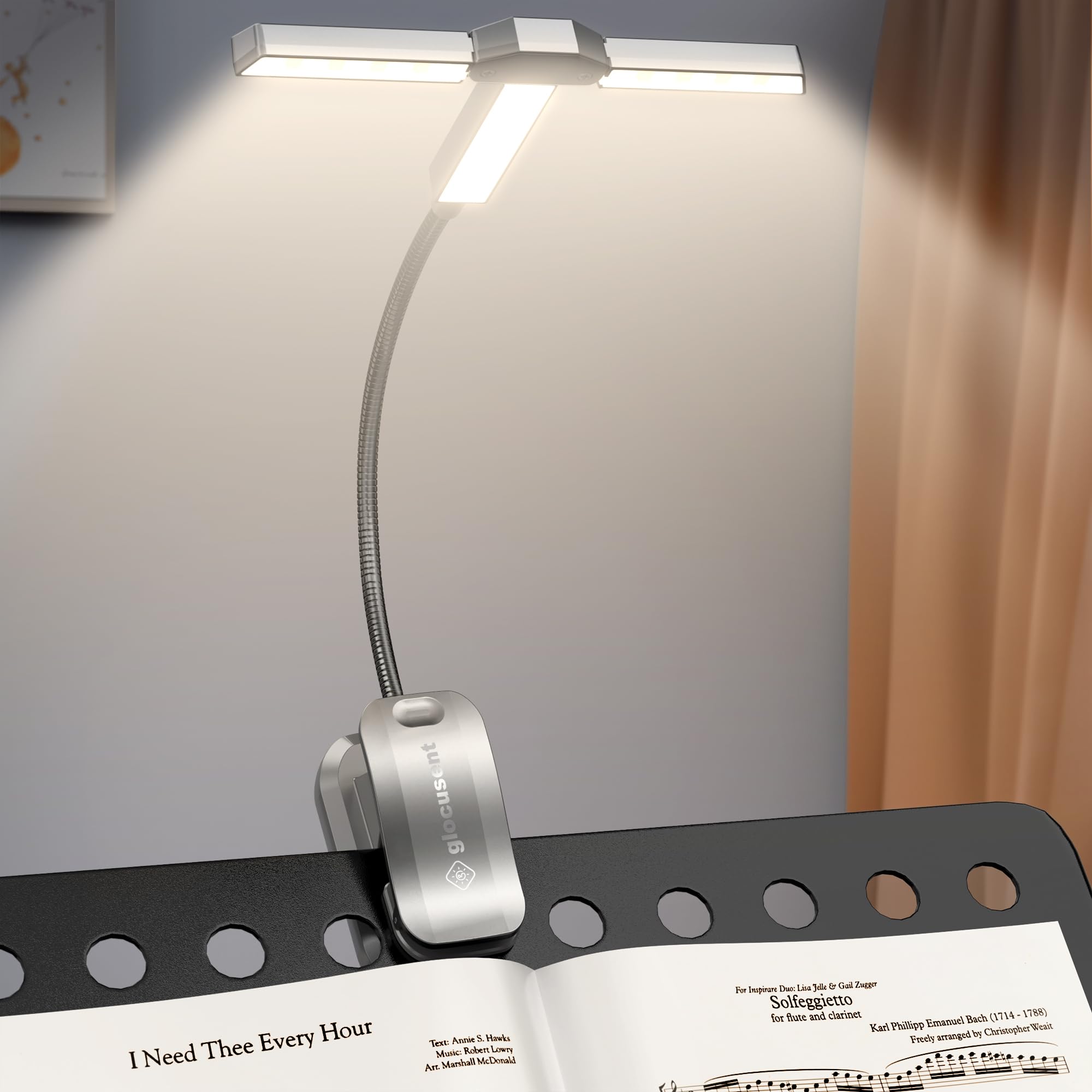 Glocusent Music Stand Light, Tri-Head Clip On Light for Sheet Music, 3 Colors & 5 Brightness, Rechargeable, Long-Lasting (10-100Hrs), Auto-Off Timer, Stage Friendly [Energy Class A]