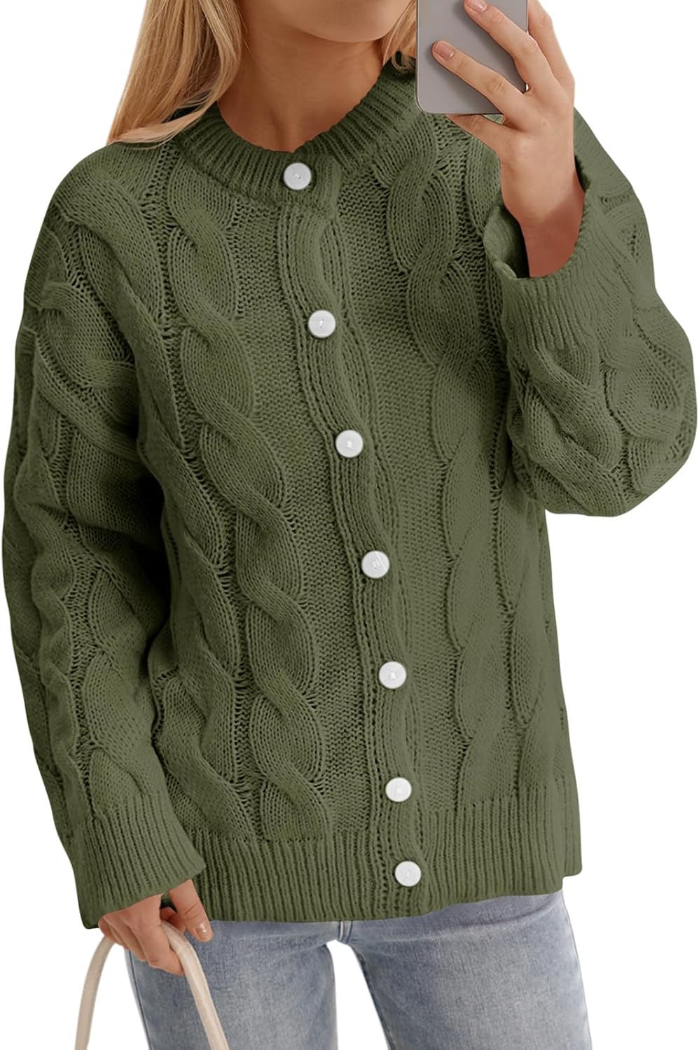 Saodimallsu Womens Cable Knit Cardigan Sweaters Long Sleeve Button Down Crewneck Casual Loose Fall Sweater Coats