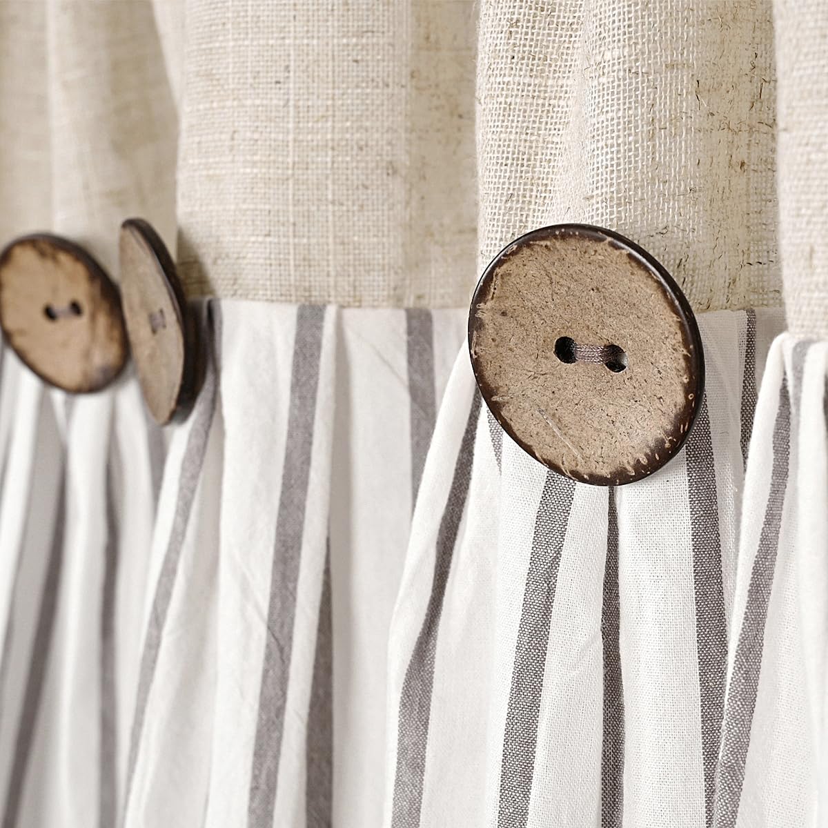 Farmhouse Button Grey Striped Window Valance and Shower Curtain