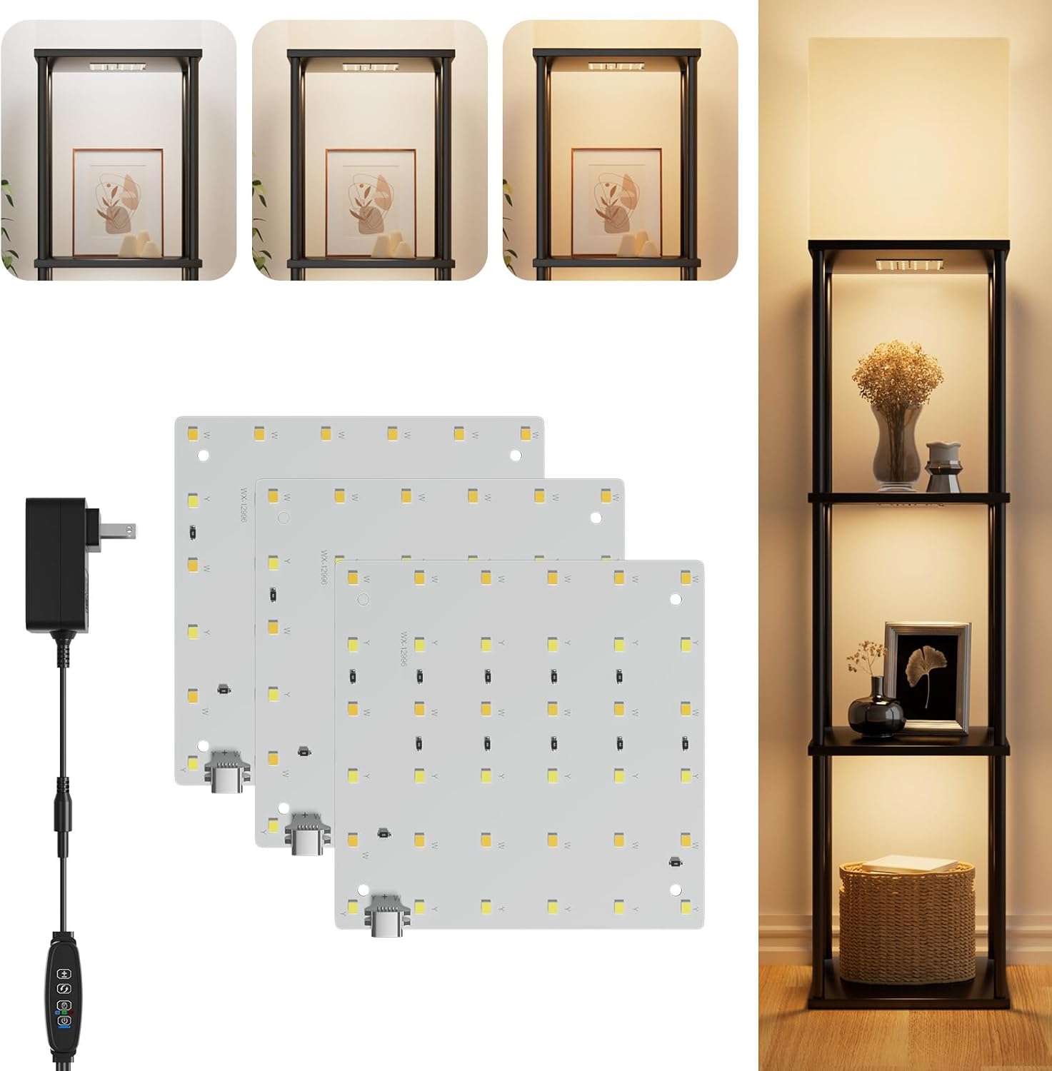 3-Pack Under Shelf Lighting for 3 Tier Floor Shelves, Ultra-Bright Square10 Dimmable Slim Stick on Lights,3-Color Timer 3/9/12H,Decor Lights for Living Room, Bedroom,Kitchen Storage Display Rack