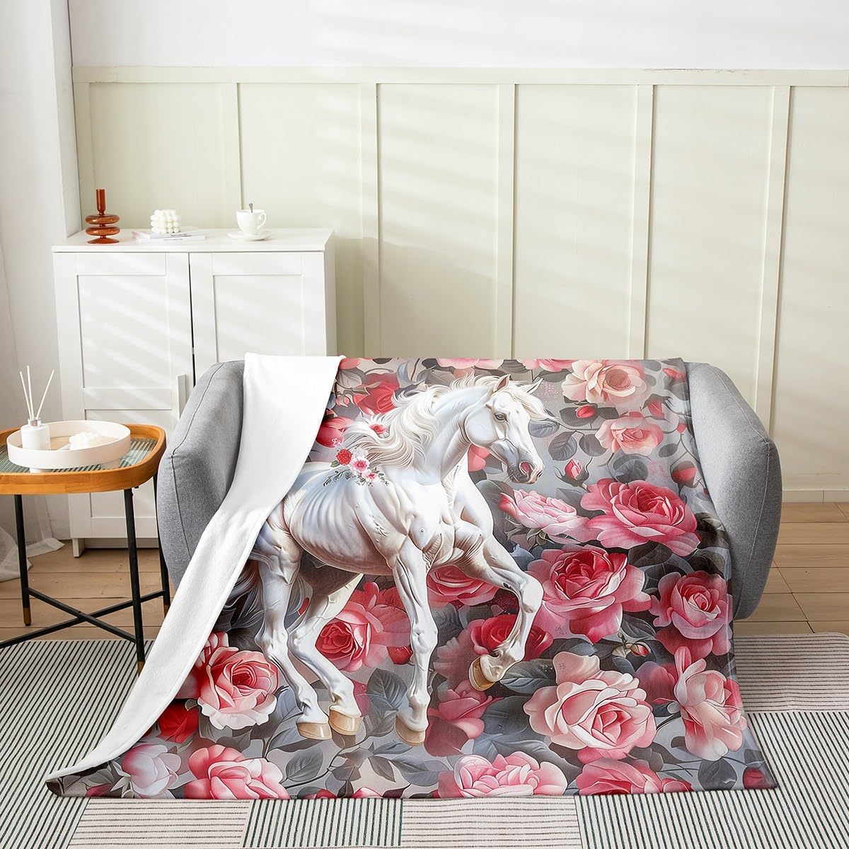 White Horse Kids Flannel Blanket,Roses Flowers Romantic Throw Blanket,Rustic Animal Farmhouse Western Cowboy Cozy Throws for Bed Couch Sofa,Pink Soft and Breathable,Twin Size (60 x 80 Inches)