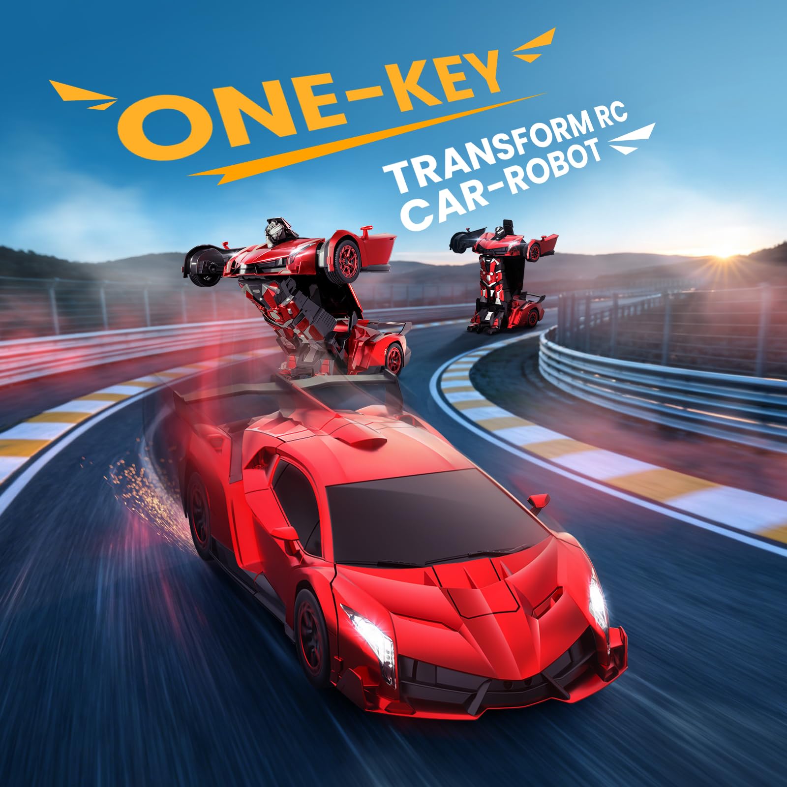 YONCHER Auto Telecomandata Trasformabile, 1:12 Grande Auto Robotica RC Trasformabile, Giocattolo 2 in 1 con Musica e Luci, Rilevamento dei Gesti per Bambini, Rosso