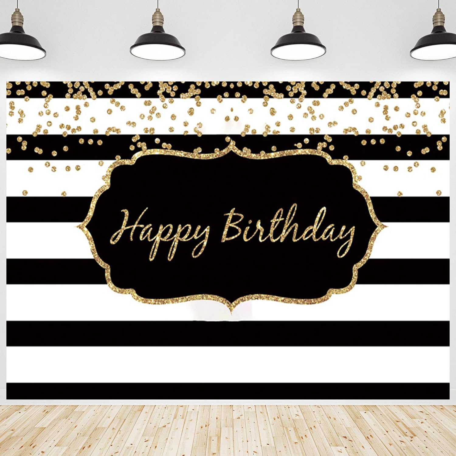 Happy Birthday Backdrop Black and White Stripes Gold Shining Dots Birthday Photography Background for Kids Adults Birthday Party Decorations Supplies Banner Photo Photobooth Props 7x5ft
