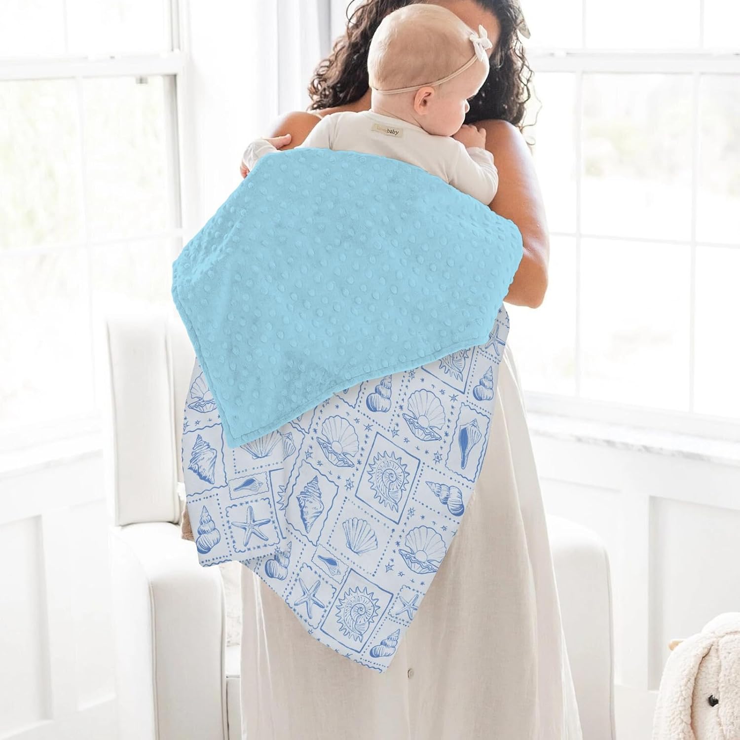 Blue Seashells Baby Blanket for Girl Boy Boho Beach Conch Soft Mink Dotted Backing Double Layer Swaddle Receiving Blanket Pastel Summer Coastal Bed Throws for Newborn Infant Toddler Nursery 30x40