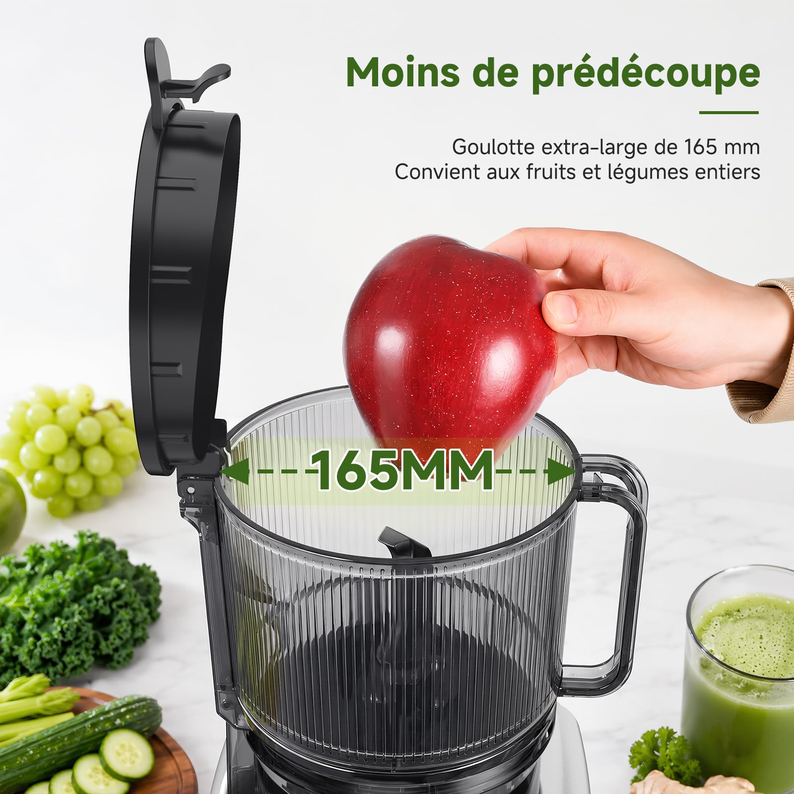 AAOBOSI Extracteur de Jus à Froid 2,5L, Goulotte Extra-Large de 165 mm | pour Fruits et Légumes Entiers, Filtre 3-en-1 (Jus, Sorbets et Boissons Végétales), Rendement Élevé en Jus, Facile à Nettoyer