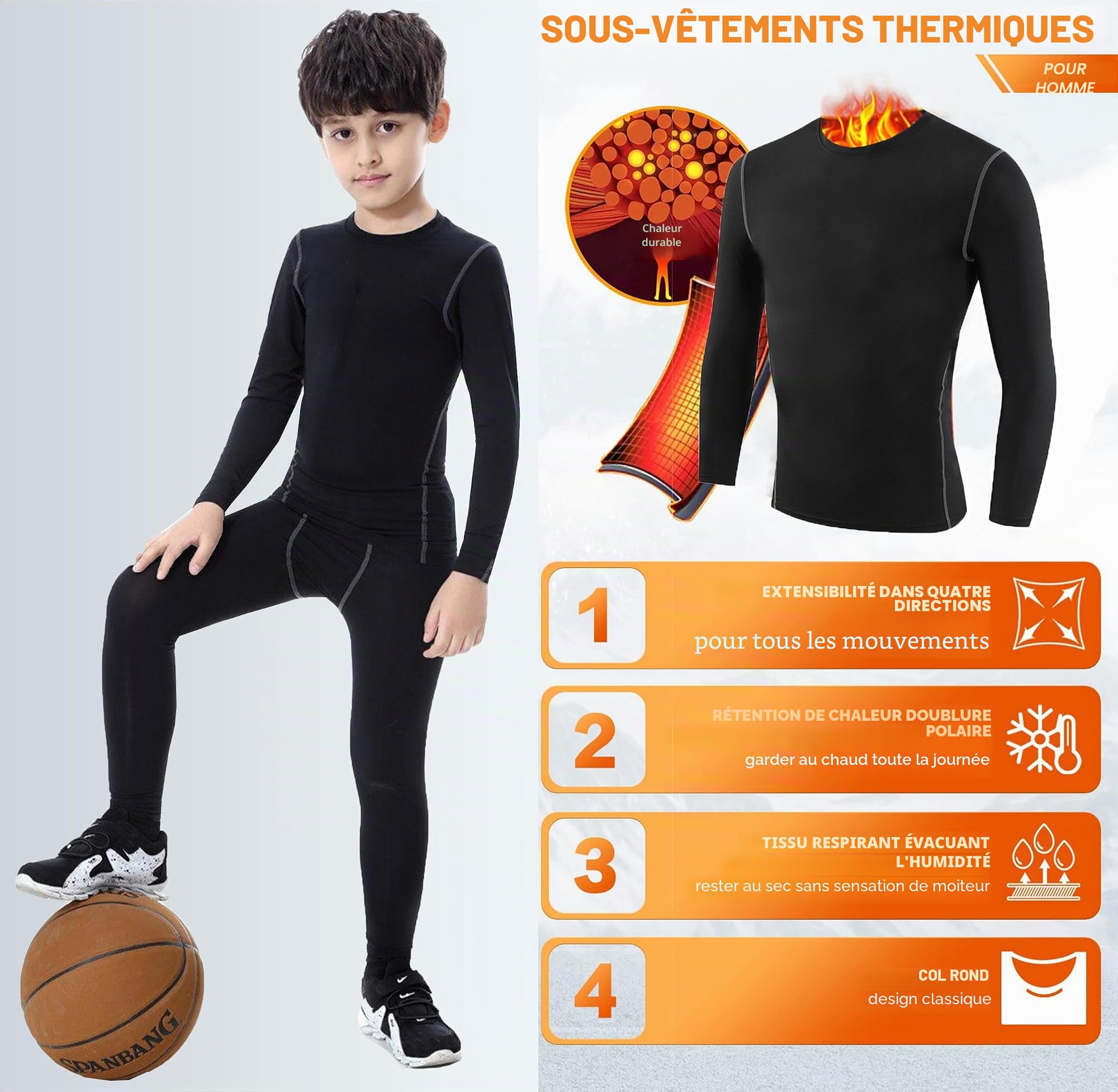 1 Ensemble Ensembles Thermiques Enfant Haut Manches Longues & Legging sous-vêtements Techniques Garçon et Fille Séchage Rapide