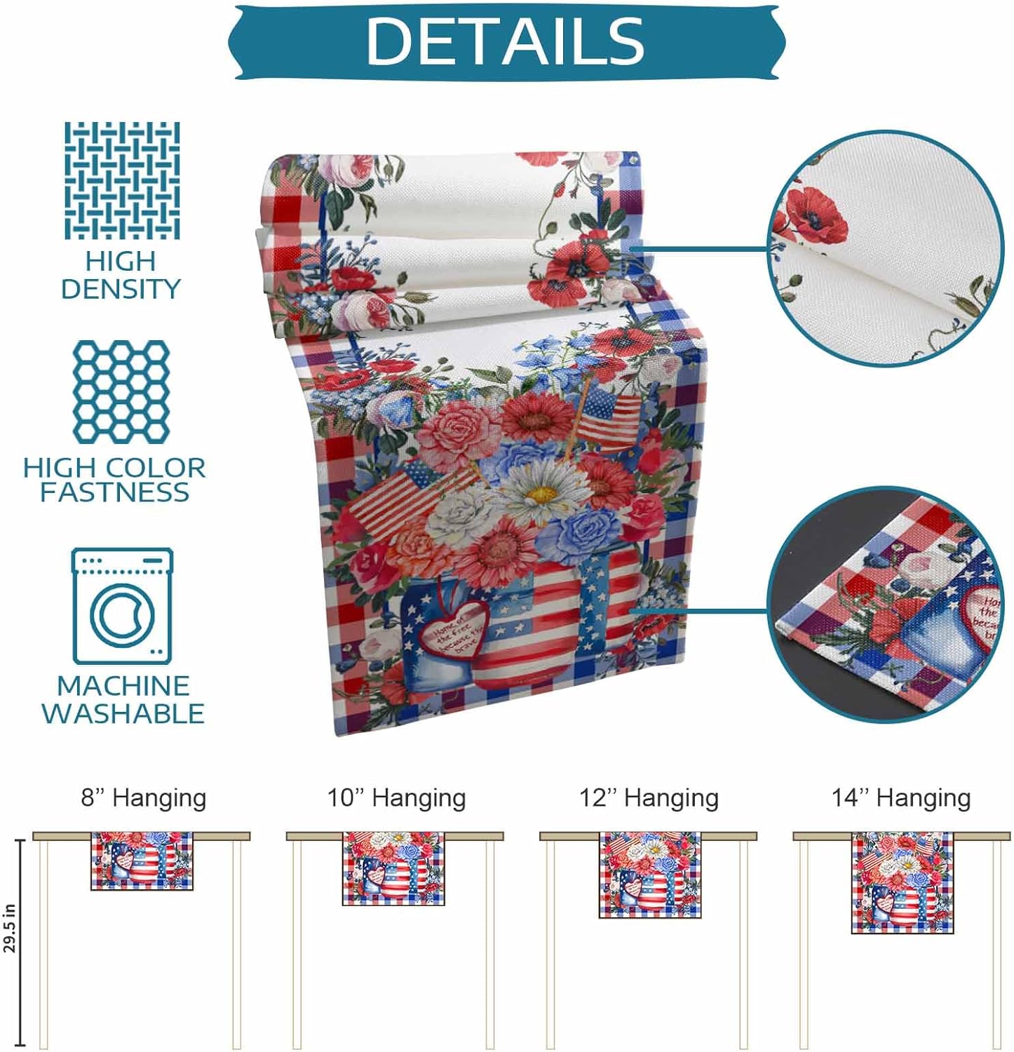 Independence Day Table Runner 108 Inches Long American Flag Flowers Coffee Table Runner Red Blue Plaids Kitchen Dining Table Decoration for Indoor Outdoor Home Party Holiday 13 x 108 Inch