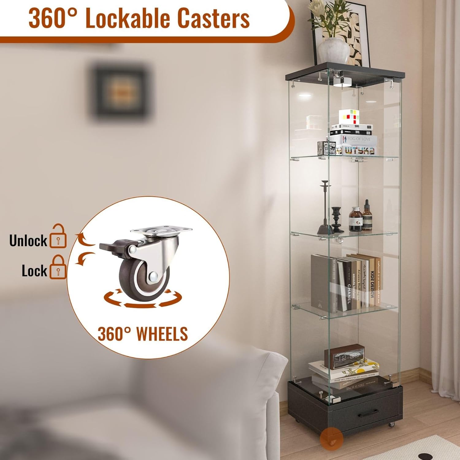 Glass Display Cabinet with LED Lights & Lock, Modern 66" Tall Curio Cabinet with 360° Wheels, Tempered Glass Showcase with Storage Drawer for Collectibles, Living Room